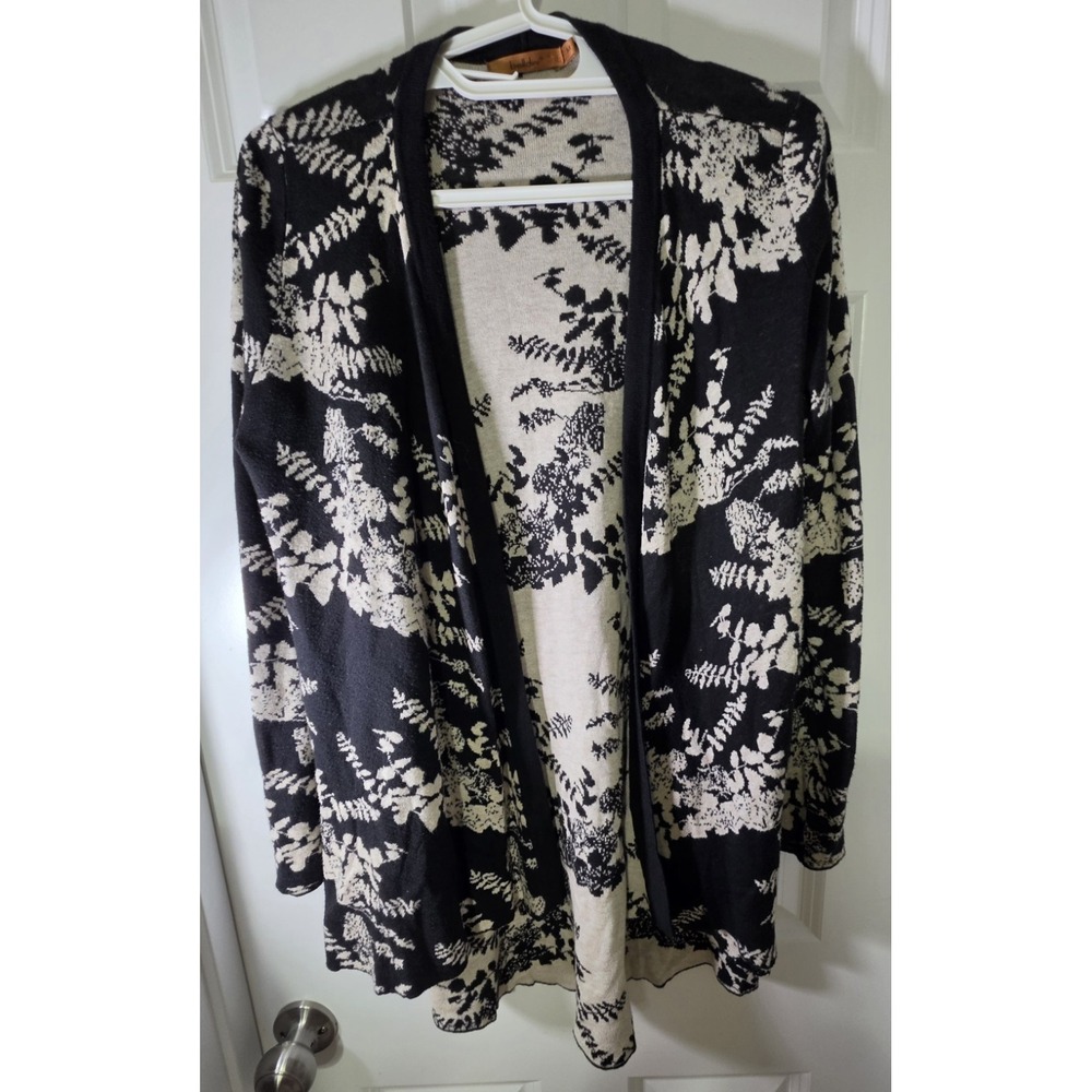 Belldini Women's M Black Cream Floral Open Front Long Cardigan Sweater Duster